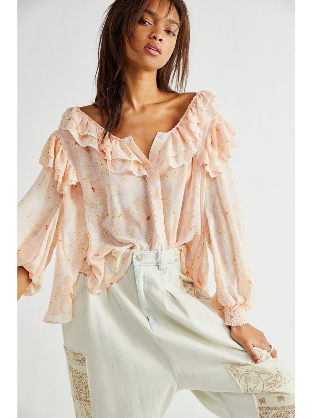 Free People Cherry Bright Ruffled Blouse